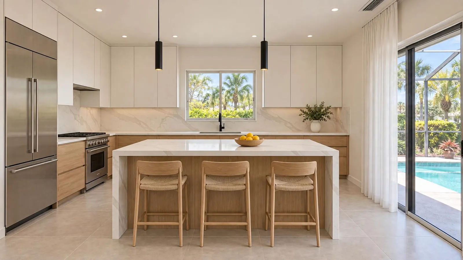 Illustration: the same kitchen renovated, with a white quartz waterfall island, white oak cabinets and black pendant lights